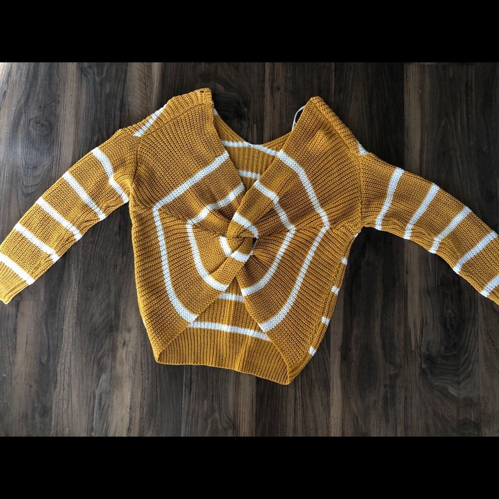 Mustard Yellow and White Striped Knotted Sweater